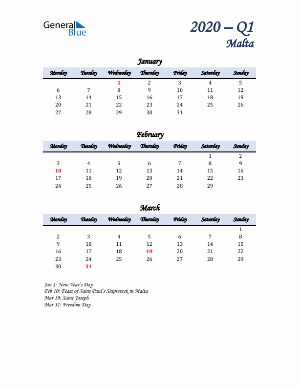 January, February, and March Calendar for Malta with Monday Start