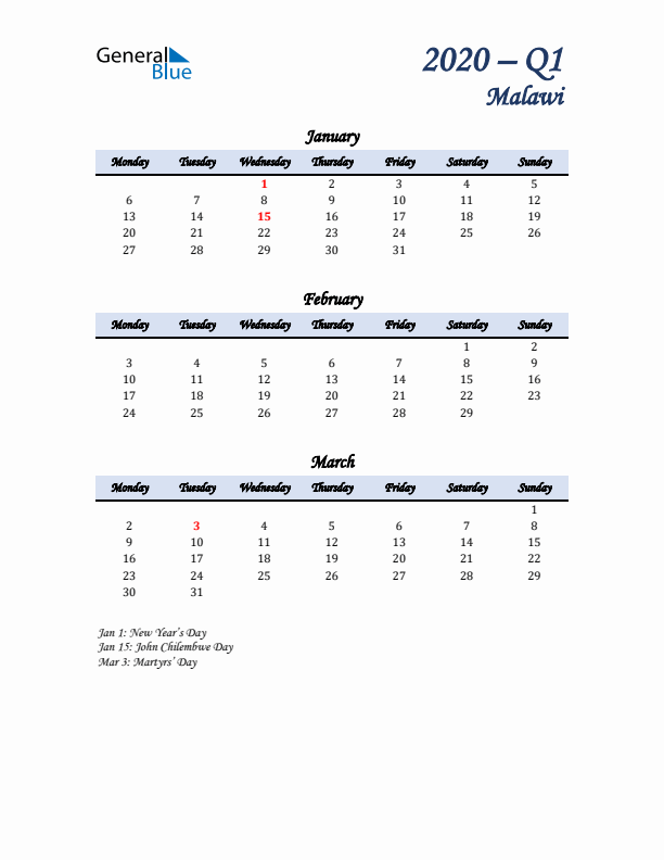 January, February, and March Calendar for Malawi with Monday Start