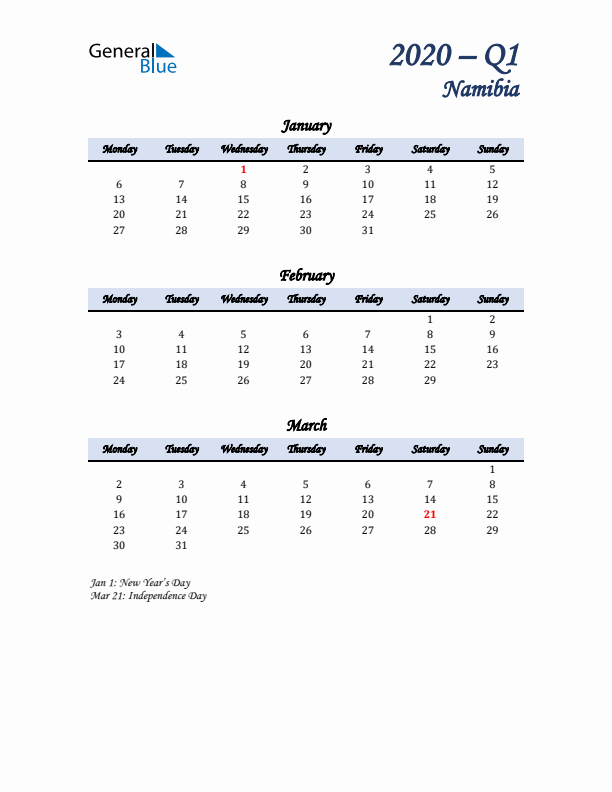 January, February, and March Calendar for Namibia with Monday Start