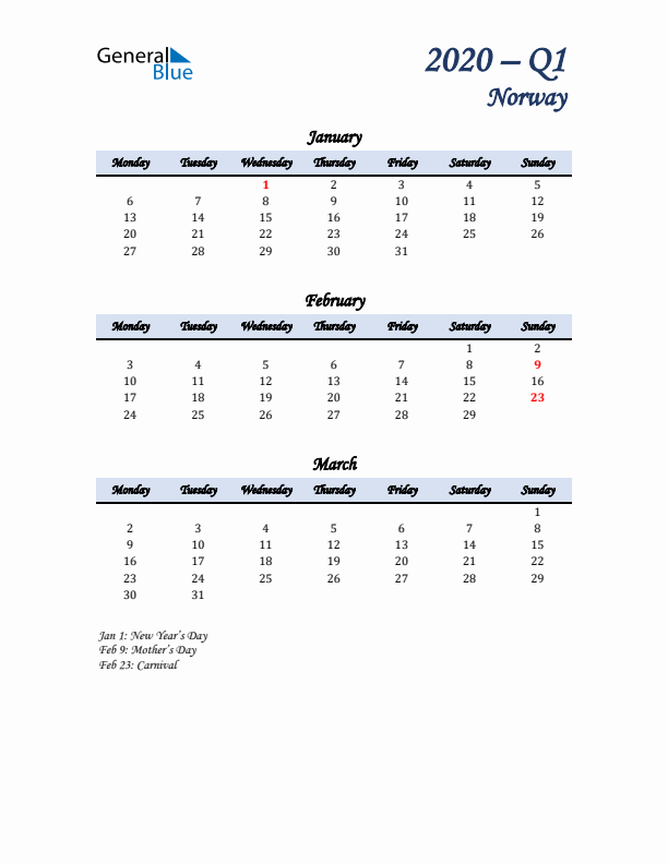 January, February, and March Calendar for Norway with Monday Start