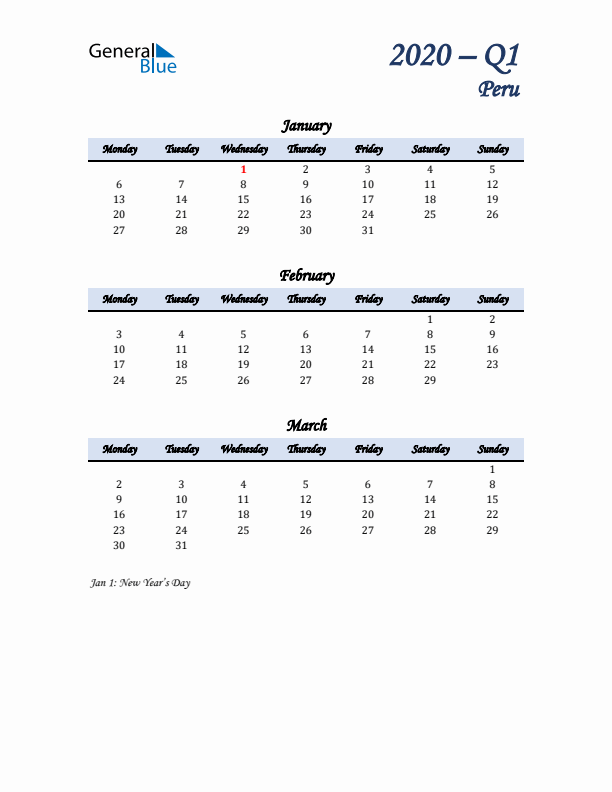 January, February, and March Calendar for Peru with Monday Start