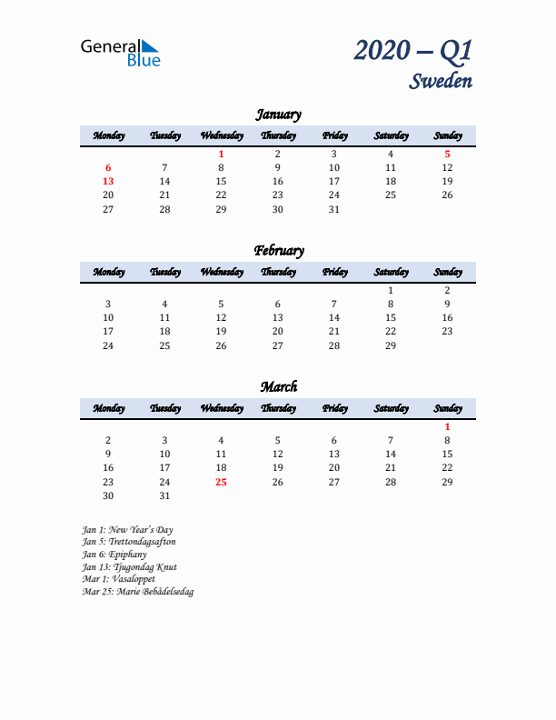 January, February, and March Calendar for Sweden with Monday Start