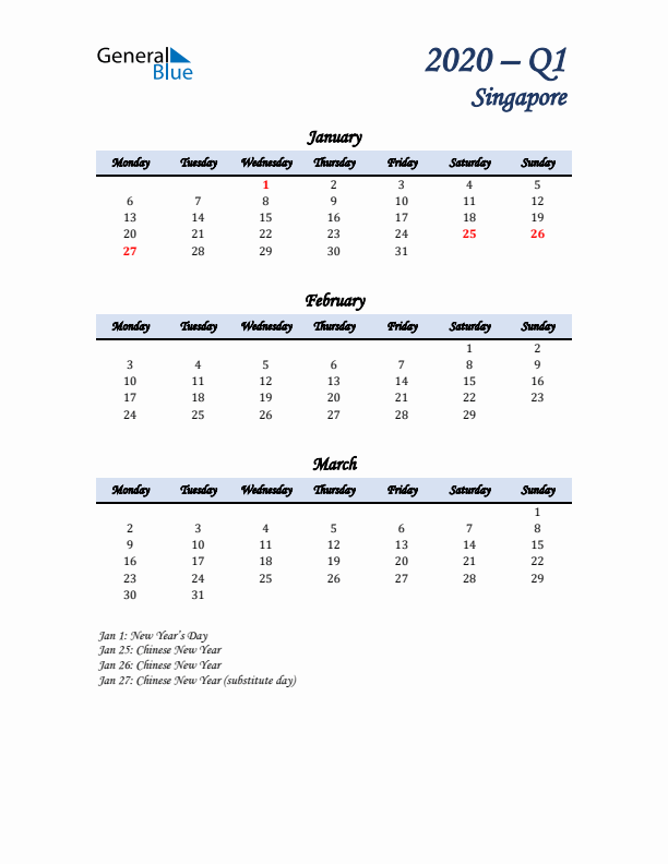 January, February, and March Calendar for Singapore with Monday Start