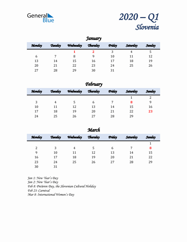 January, February, and March Calendar for Slovenia with Monday Start