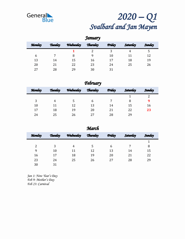 January, February, and March Calendar for Svalbard and Jan Mayen with Monday Start