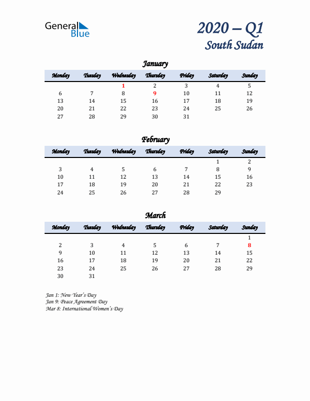 January, February, and March Calendar for South Sudan with Monday Start