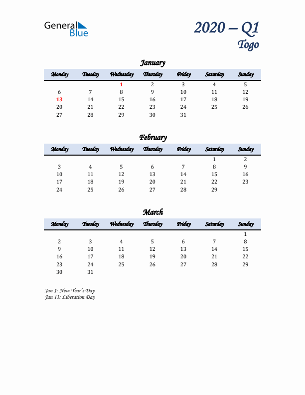 January, February, and March Calendar for Togo with Monday Start