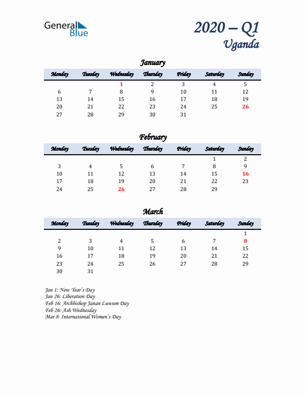 January, February, and March Calendar for Uganda with Monday Start