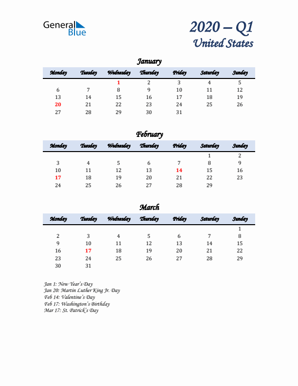 January, February, and March Calendar for United States with Monday Start