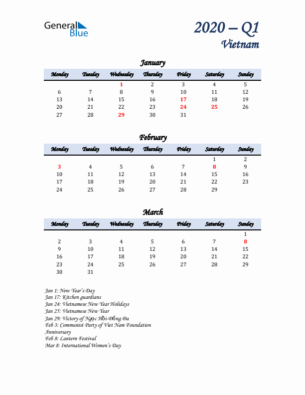 January, February, and March Calendar for Vietnam with Monday Start