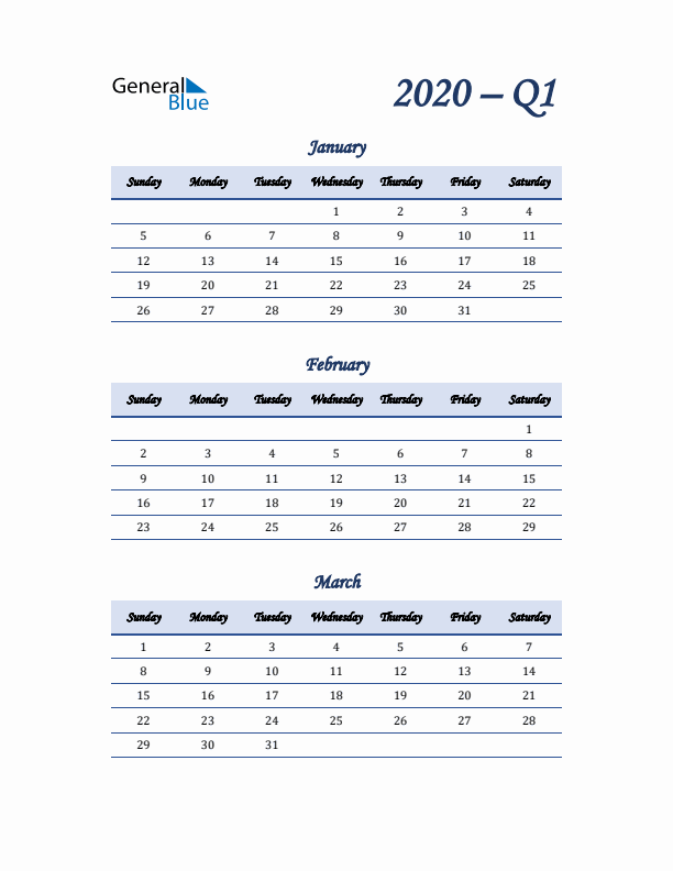 Sunday Start 2020 Quarterly Calendar