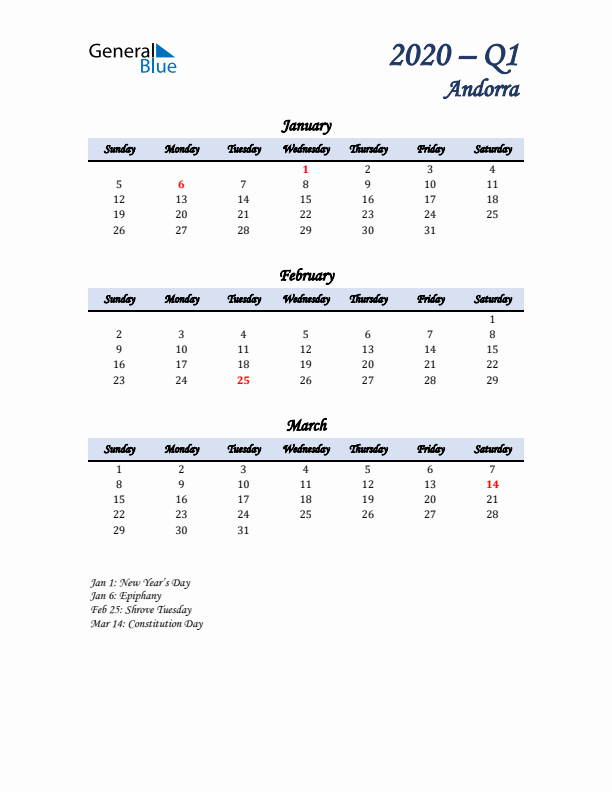 January, February, and March Calendar for Andorra with Sunday Start