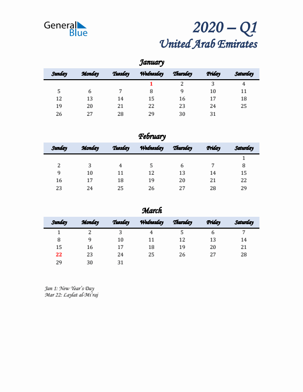 January, February, and March Calendar for United Arab Emirates with Sunday Start