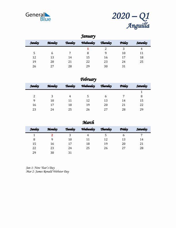 January, February, and March Calendar for Anguilla with Sunday Start