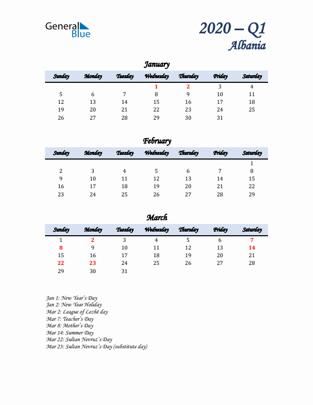 January, February, and March Calendar for Albania with Sunday Start