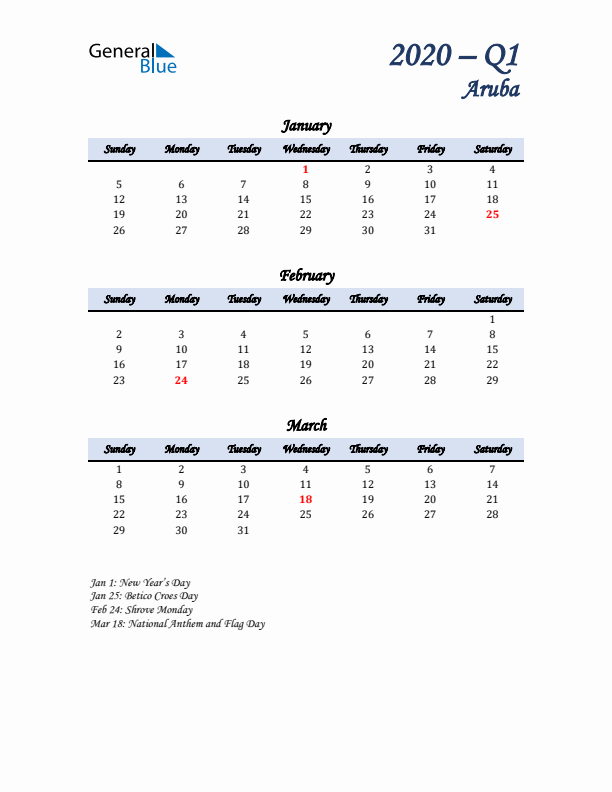 January, February, and March Calendar for Aruba with Sunday Start