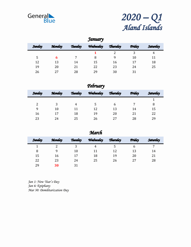 January, February, and March Calendar for Aland Islands with Sunday Start