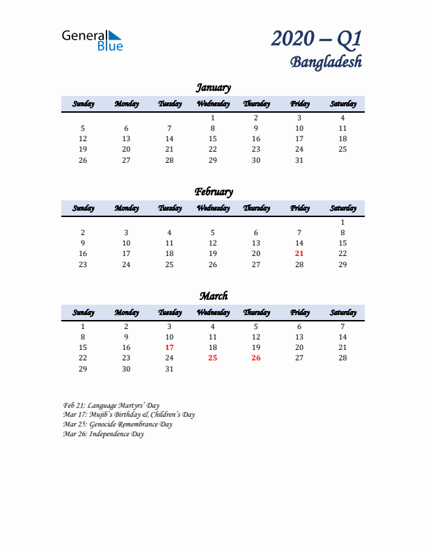 January, February, and March Calendar for Bangladesh with Sunday Start