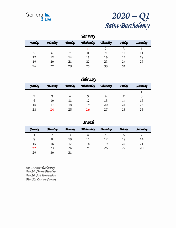 January, February, and March Calendar for Saint Barthelemy with Sunday Start