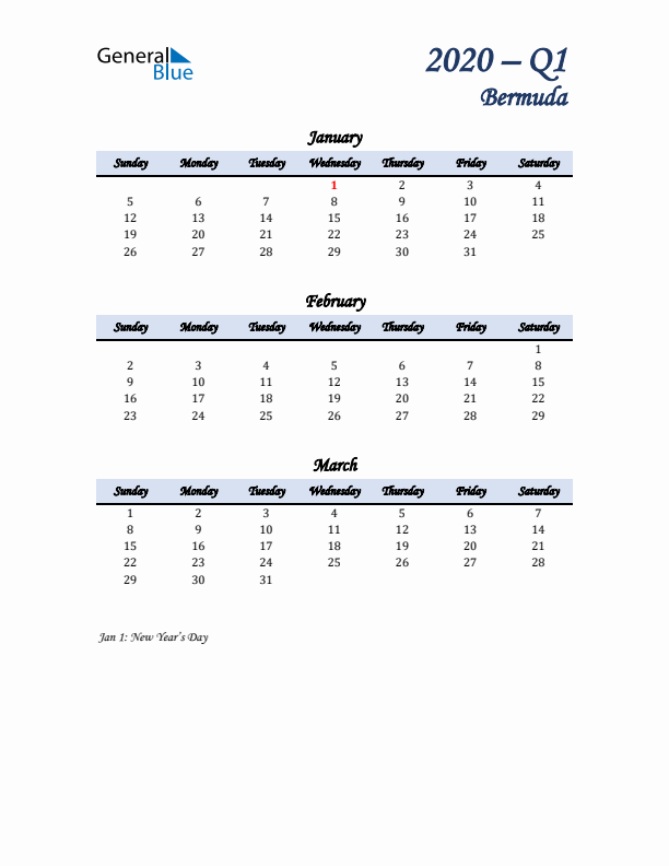 January, February, and March Calendar for Bermuda with Sunday Start