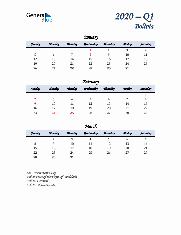 January, February, and March Calendar for Bolivia with Sunday Start