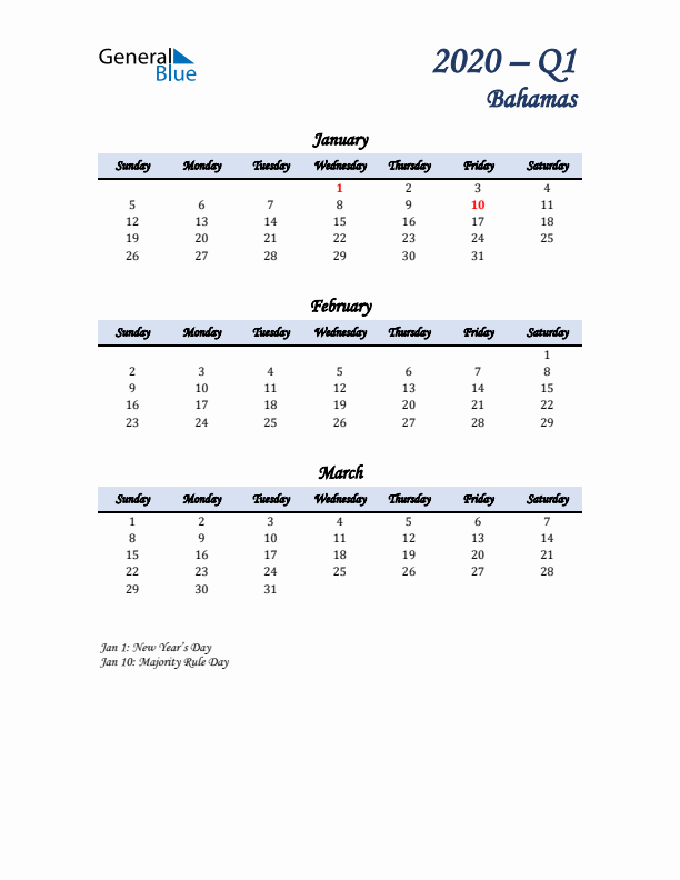 January, February, and March Calendar for Bahamas with Sunday Start