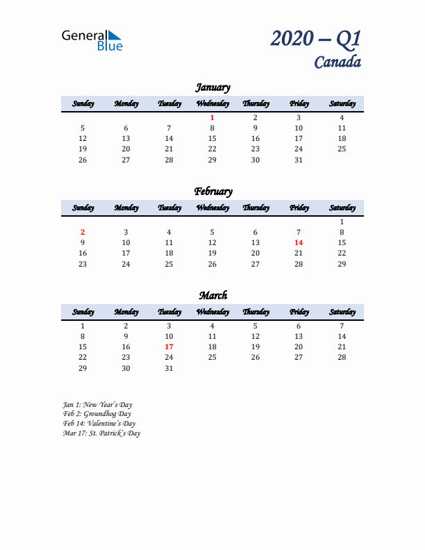 January, February, and March Calendar for Canada with Sunday Start