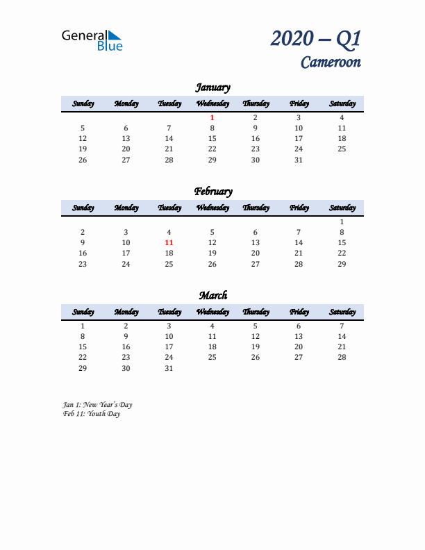 January, February, and March Calendar for Cameroon with Sunday Start