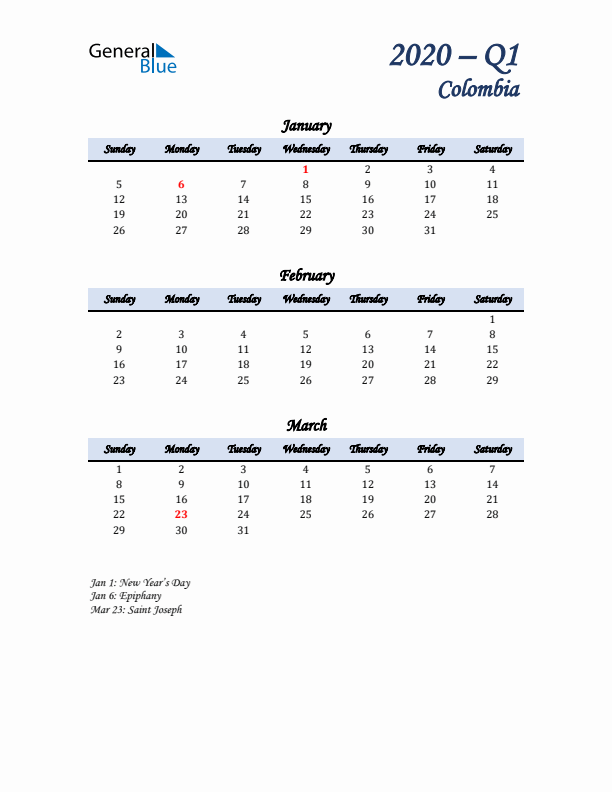 January, February, and March Calendar for Colombia with Sunday Start