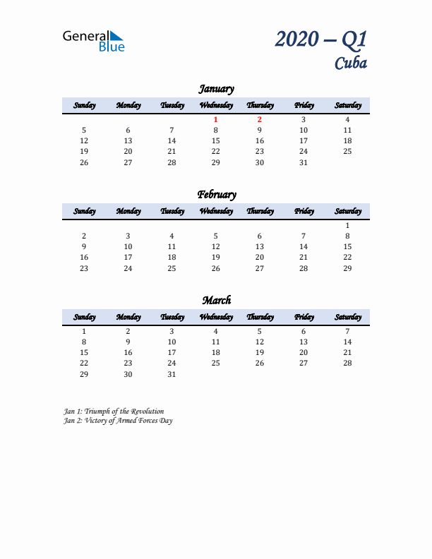 January, February, and March Calendar for Cuba with Sunday Start