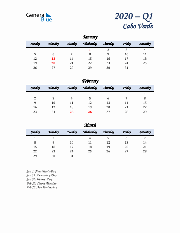 January, February, and March Calendar for Cabo Verde with Sunday Start