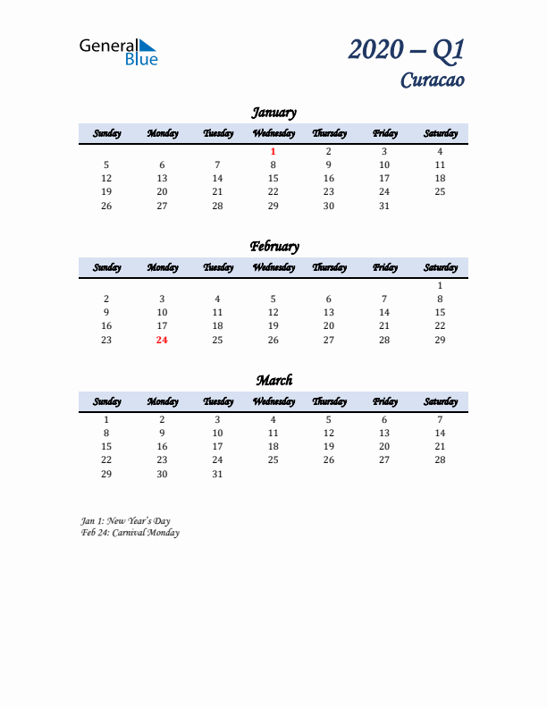 January, February, and March Calendar for Curacao with Sunday Start