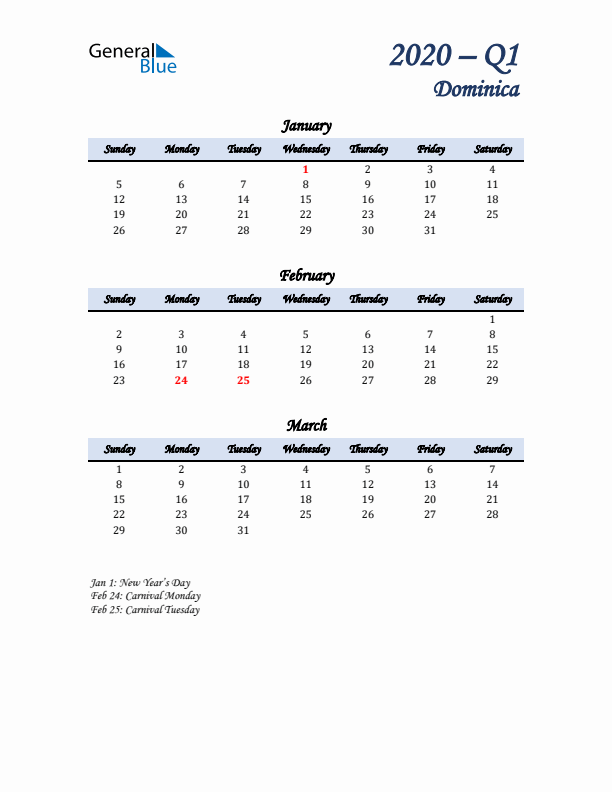 January, February, and March Calendar for Dominica with Sunday Start