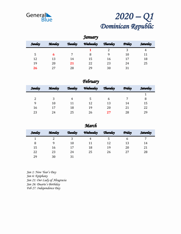 January, February, and March Calendar for Dominican Republic with Sunday Start