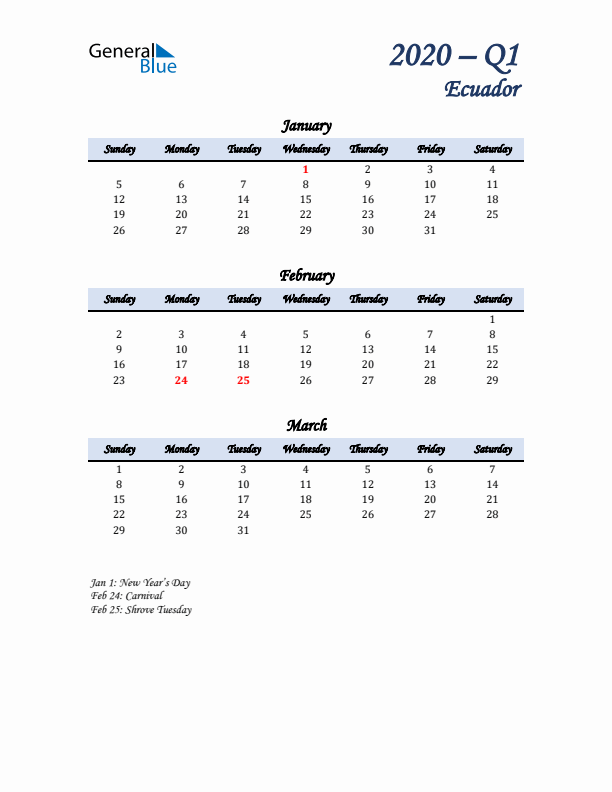 January, February, and March Calendar for Ecuador with Sunday Start