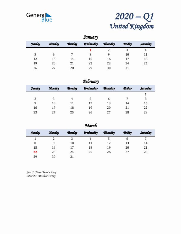 January, February, and March Calendar for United Kingdom with Sunday Start