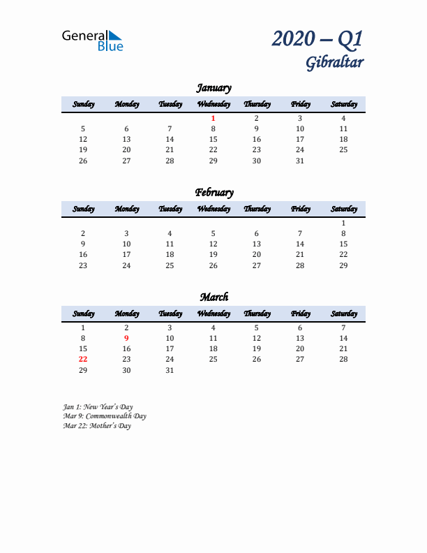 January, February, and March Calendar for Gibraltar with Sunday Start