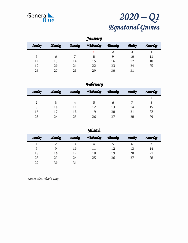 January, February, and March Calendar for Equatorial Guinea with Sunday Start