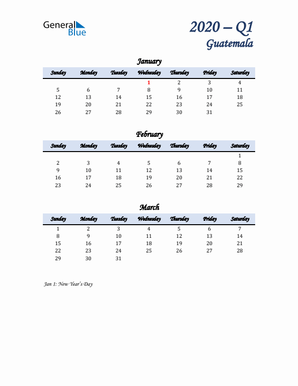 January, February, and March Calendar for Guatemala with Sunday Start