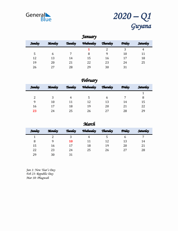 January, February, and March Calendar for Guyana with Sunday Start