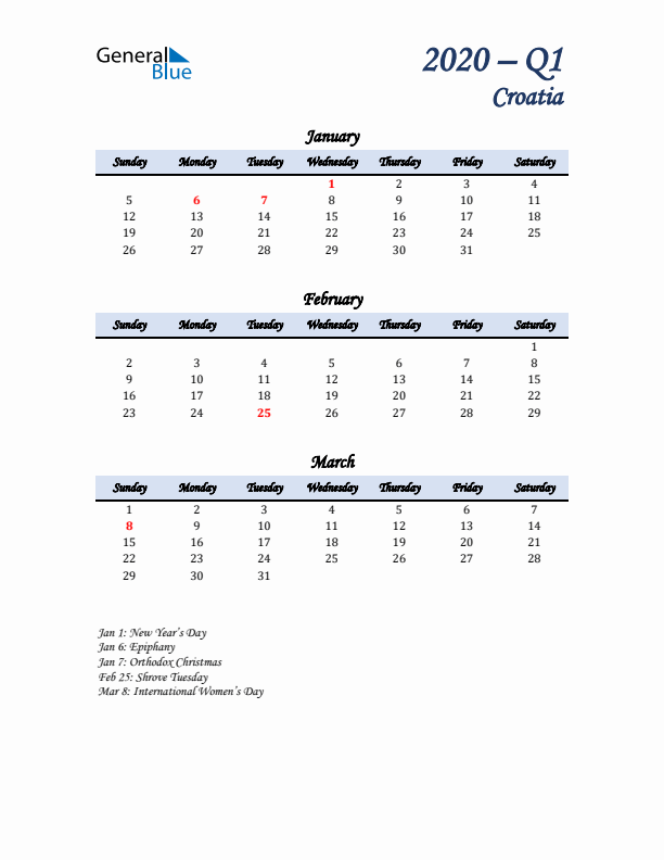 January, February, and March Calendar for Croatia with Sunday Start