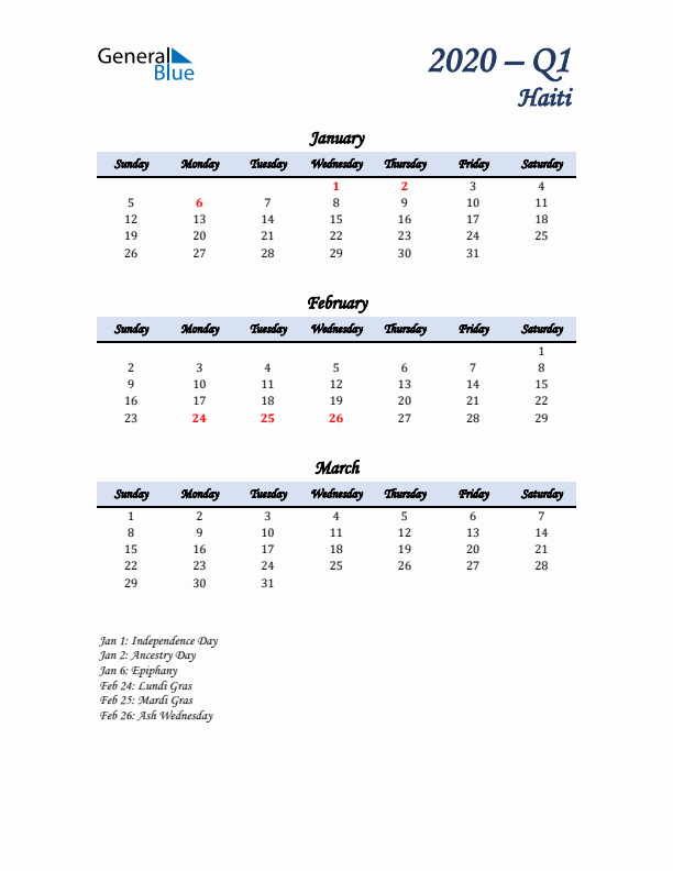 January, February, and March Calendar for Haiti with Sunday Start