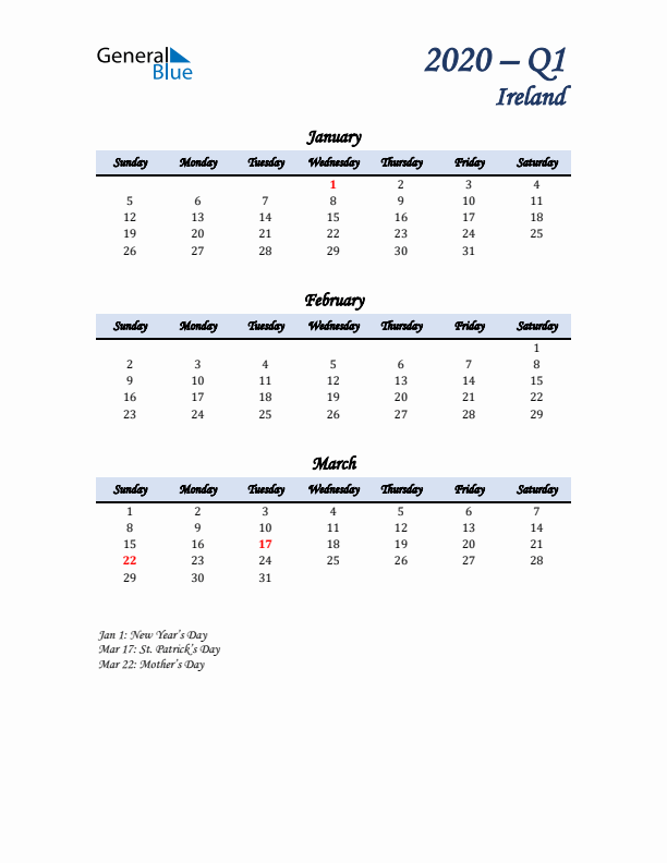 January, February, and March Calendar for Ireland with Sunday Start