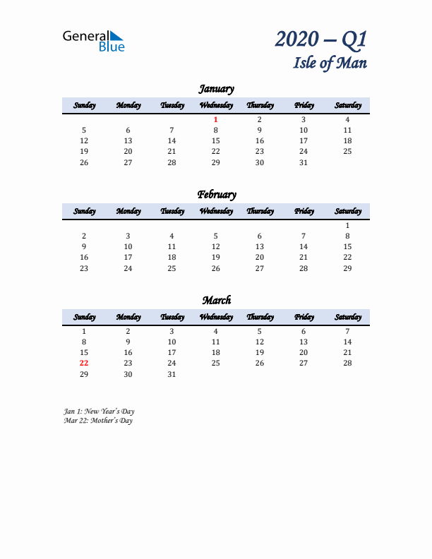 January, February, and March Calendar for Isle of Man with Sunday Start