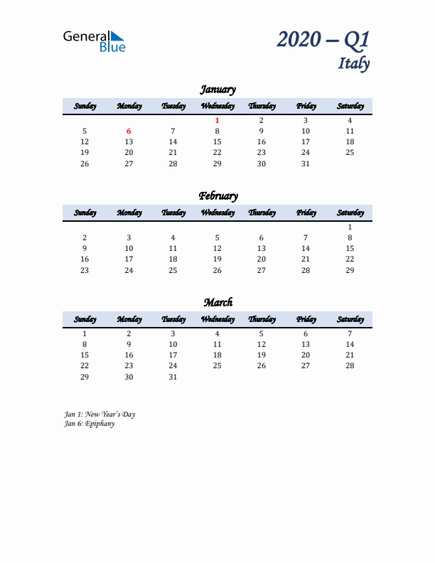 January, February, and March Calendar for Italy with Sunday Start