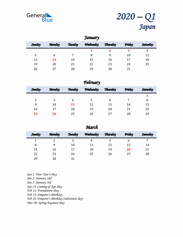 January, February, and March Calendar for Japan with Sunday Start