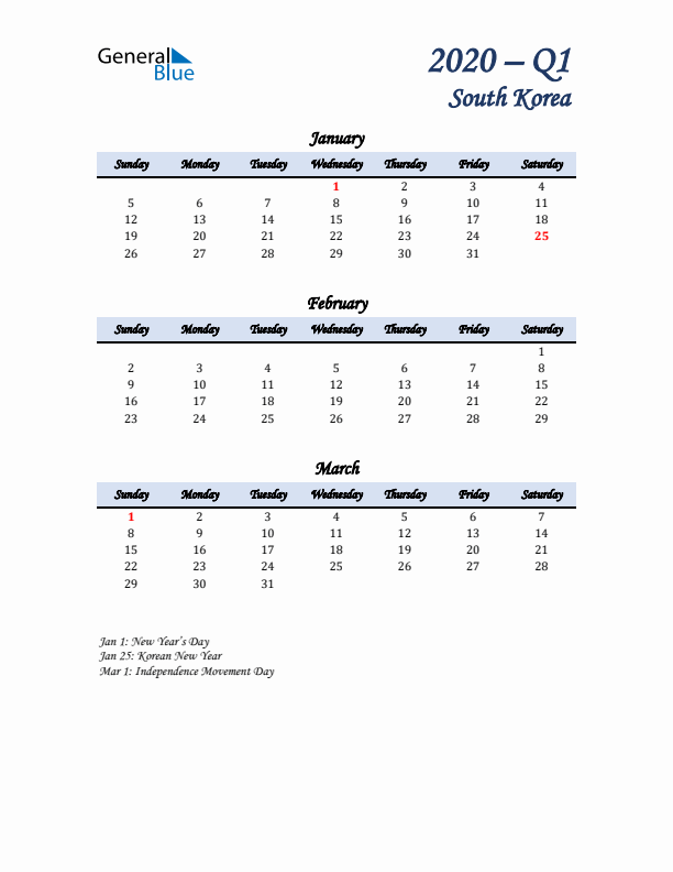 January, February, and March Calendar for South Korea with Sunday Start