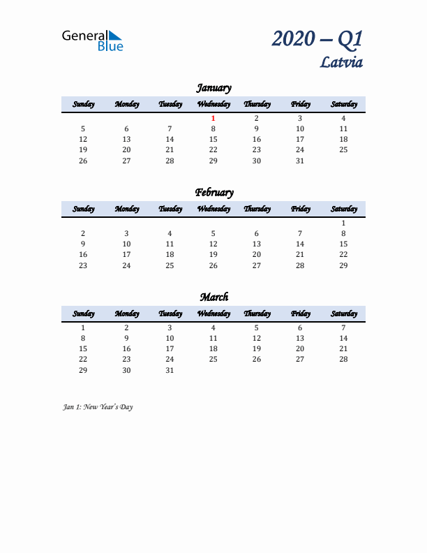 January, February, and March Calendar for Latvia with Sunday Start