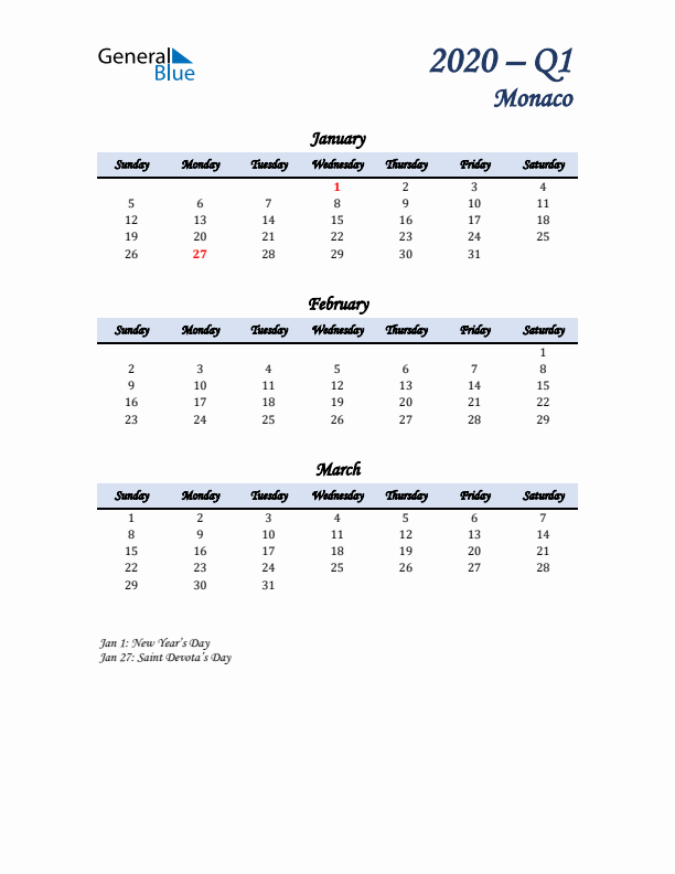 January, February, and March Calendar for Monaco with Sunday Start