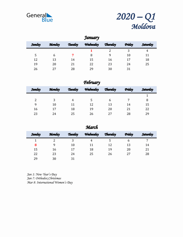 January, February, and March Calendar for Moldova with Sunday Start